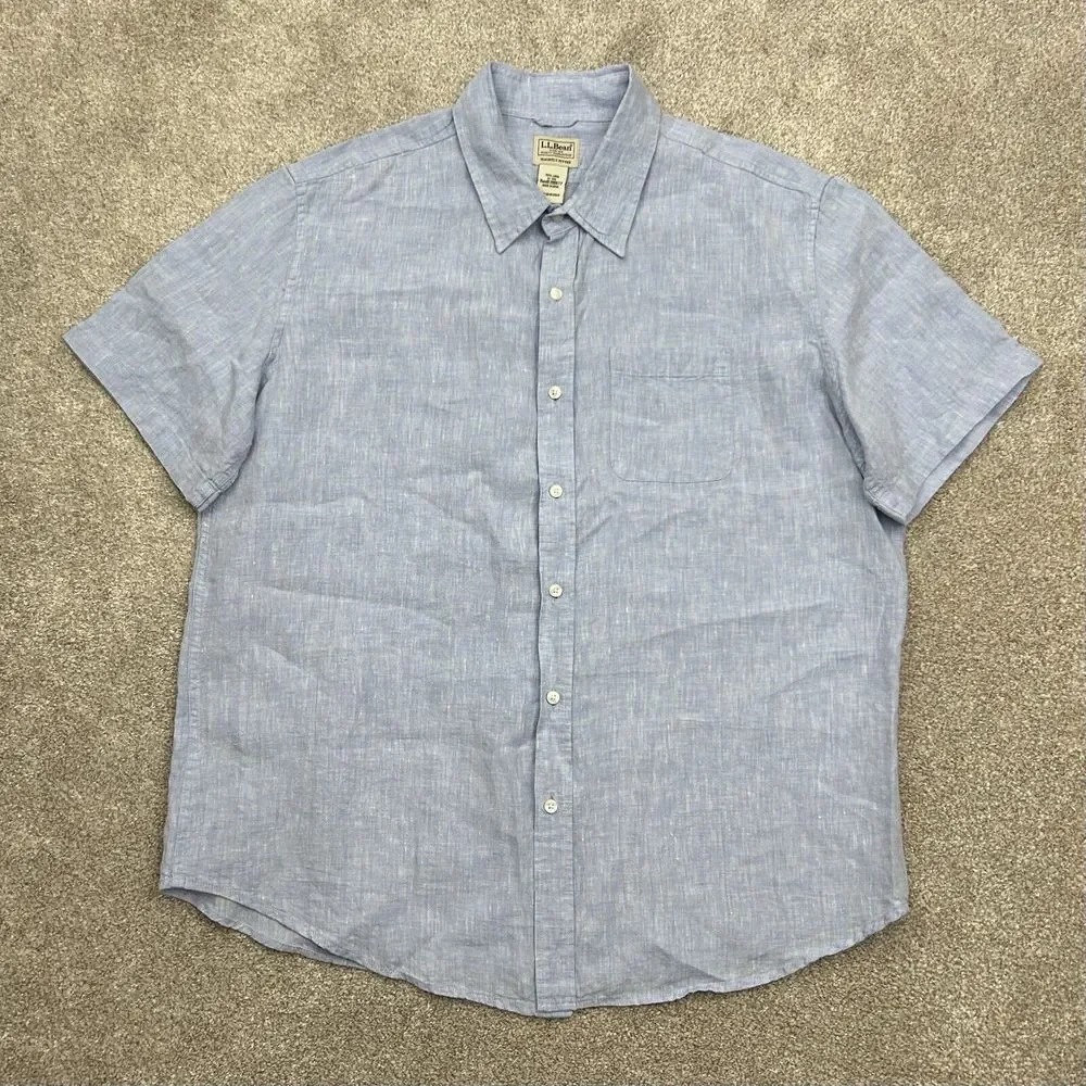 L.L Bean 100%‎ Linen Men's Size XL Blue Slightly Fitted Short Sleeve Shirt - Picture 2 of 8